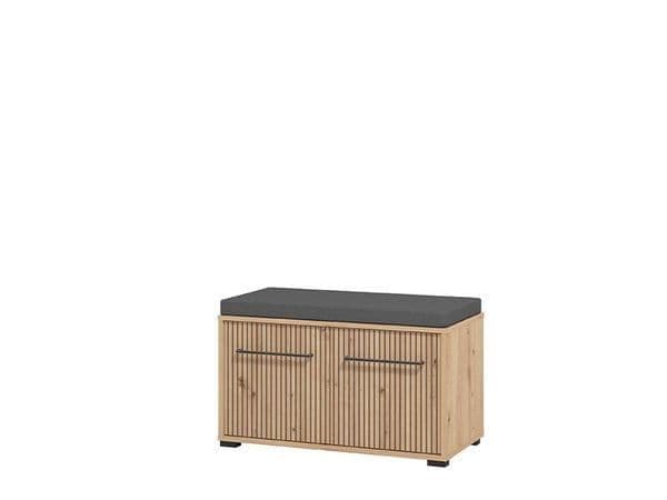 Lazlo Slatted Artisan Oak Effect Hallway Storage Bench — angled product view