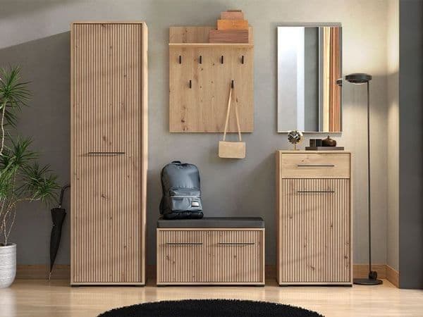 Lazlo Slatted Artisan Oak Effect Slim Wardrobe — front product view
