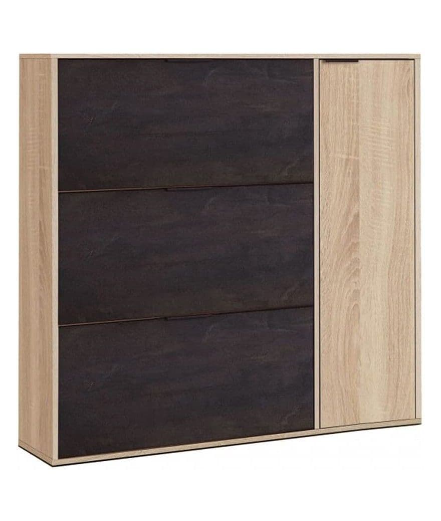 Marcos Oak Effect And Oxido Dark Brown Shoe Cabinet with 4 Doors — angled product view