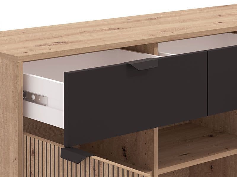 Martinique Artisan Oak Effect Slatted And Black 3 Door Sideboard