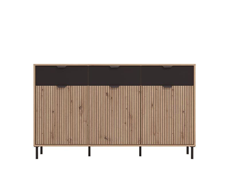 Martinique Artisan Oak Effect Slatted And Black 3 Door Sideboard