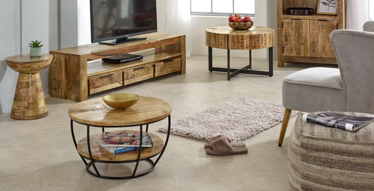 Surrey Solid Wood & Metal Coffee Table With Shelf — side product view
