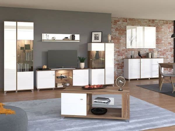 Merlot White Gloss Oak Effect Low Display Cabinet — angled product view
