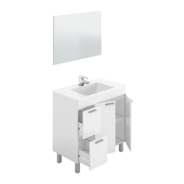 Milano White Gloss 2 Door 2 Drawer Bathroom Vanity Cabinet with Sink And Mirror — front product view