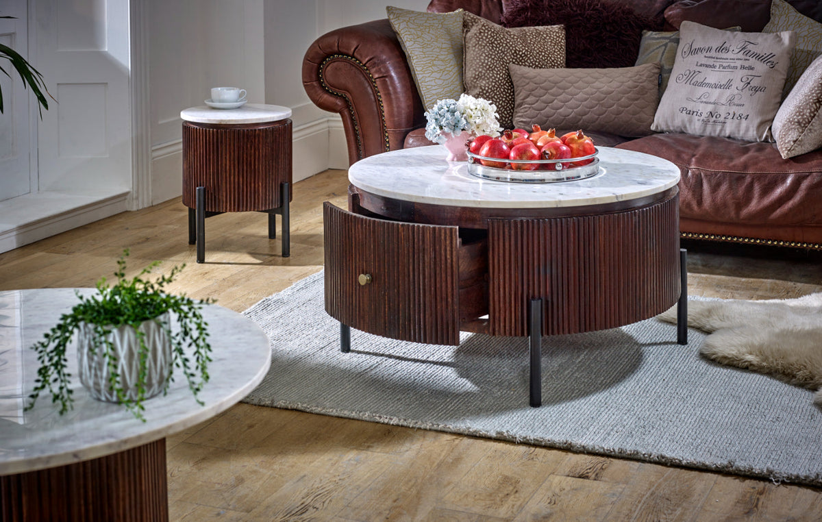 Opal Mango Wood Round Fluted Coffee Table With Marble Top & Metal Legs — angled product view