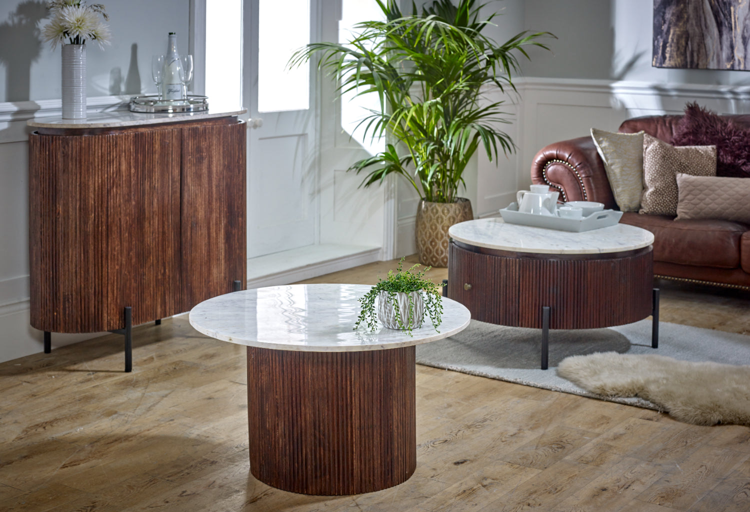 Opal Mango Wood Round Fluted Coffee Table With Marble Top & Metal Legs