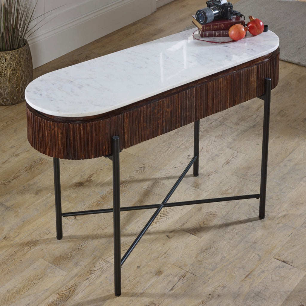 Opal Mango Wood Console Table With Marble Top And Metal Legs