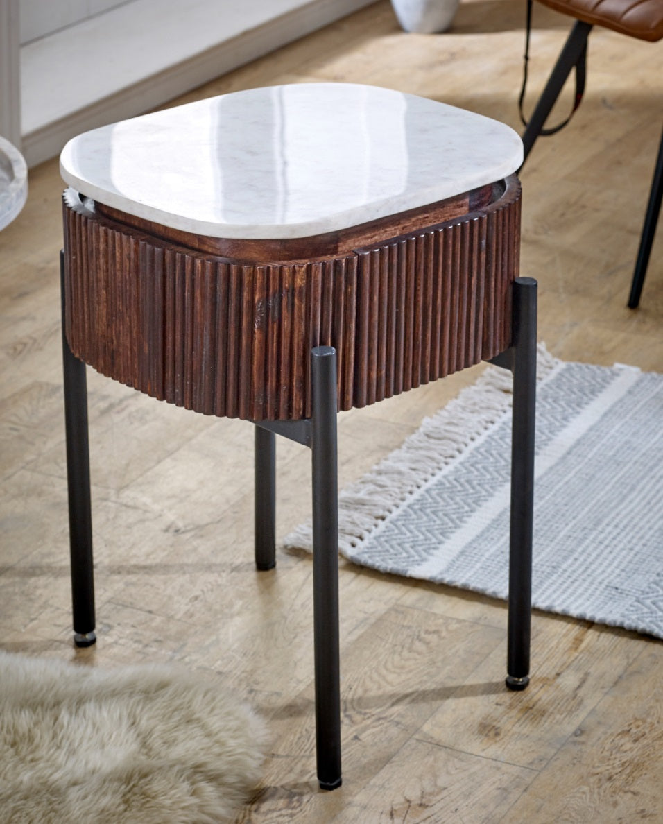 Opal Mango Wood Bedside Table With Marble Top & Metal Legs — side product view