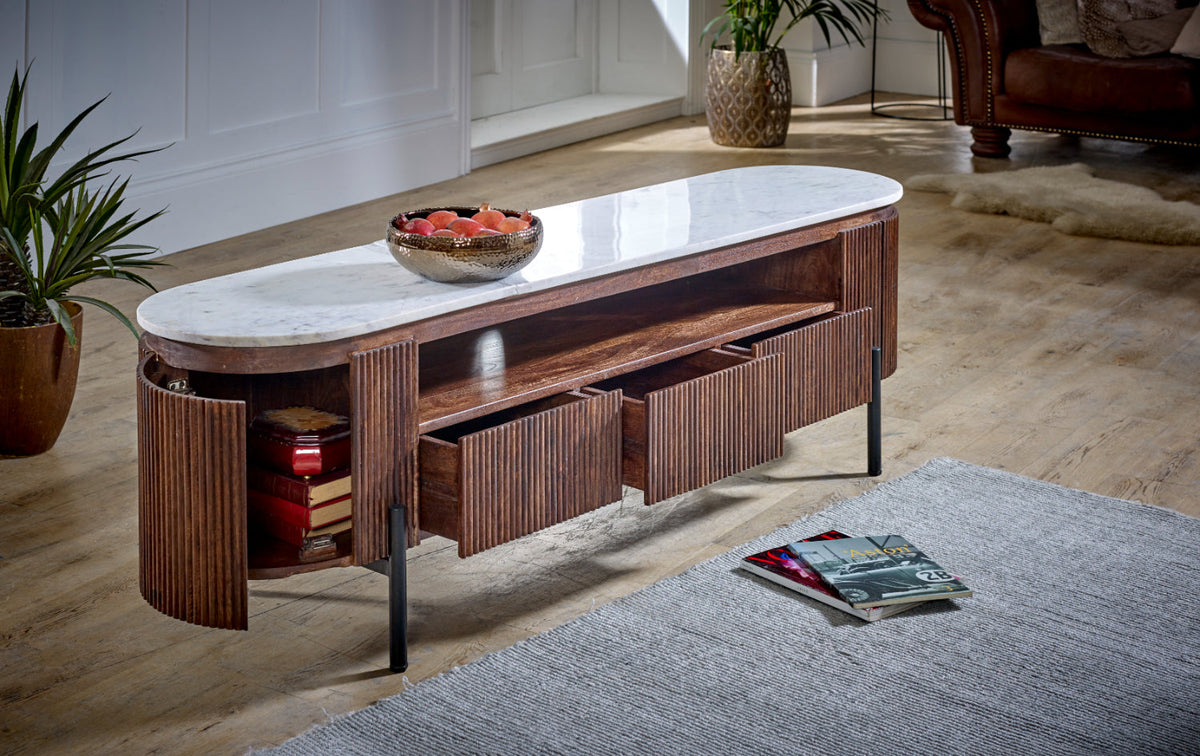Opal Mango Wood Large Tv Stand With Marble Top & Metal Legs — side product view