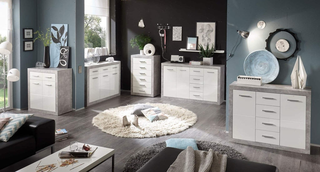 Pietra 117cm Grey and White Gloss 2 Door 4 Drawer Sideboard