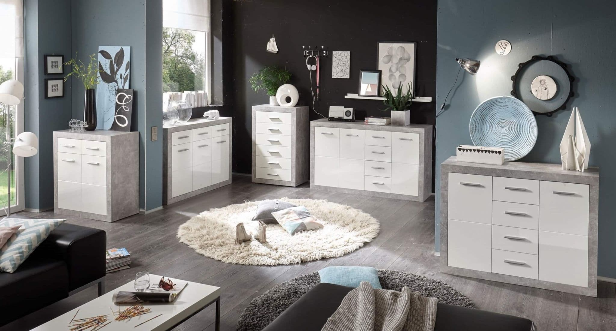 Pietra 117cm Grey and White Gloss 2 Door 4 Drawer Sideboard