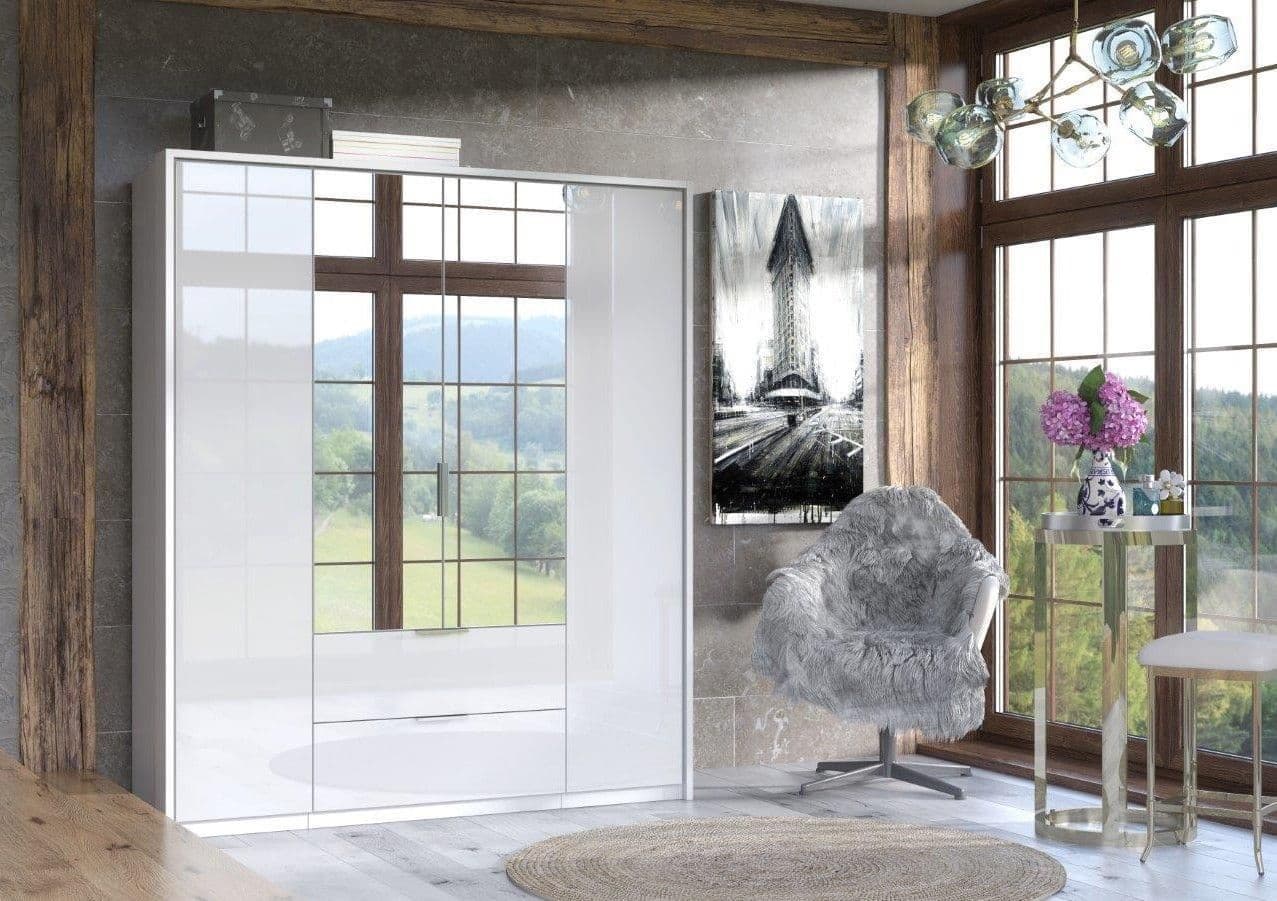 Rado 4 Door 2 Drawer White High Gloss Mirrored Wardrobe