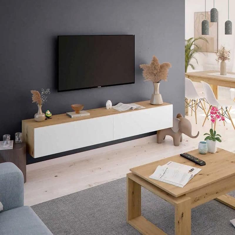 Reyes Nordic Oak Effect And White Wall Mounted Floating Wide Large TV Unit — front product view