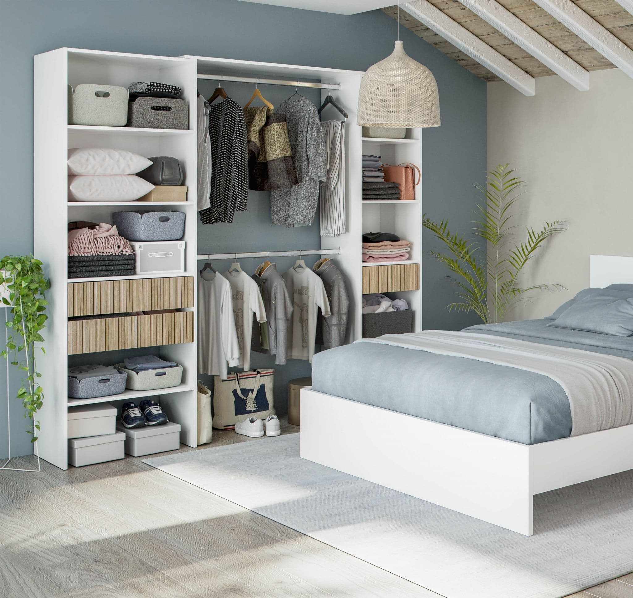 Salvador Natural Oak Effect and White Open Door Wardrobe With Shelves And Rail