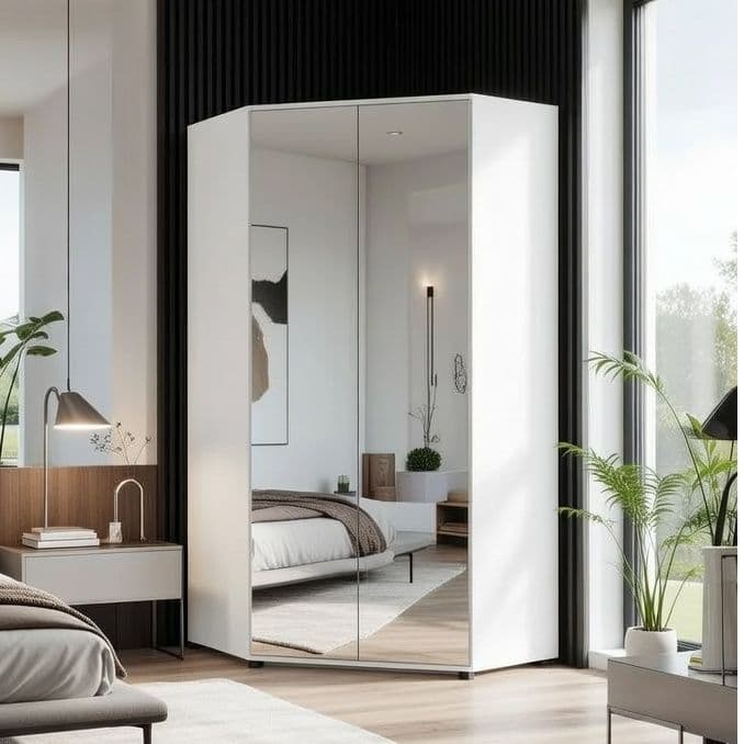 Santino Full Mirrored and White 2 Door Corner Wardrobe — main product view