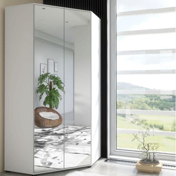 Santino Full Mirrored and White 2 Door Corner Wardrobe — angled product view