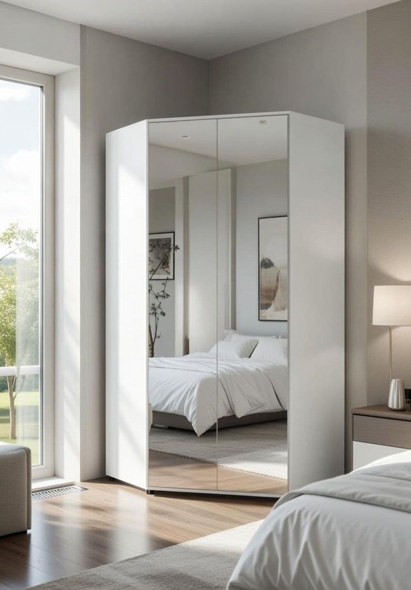 Santino Full Mirrored and White 2 Door Corner Wardrobe — side product view