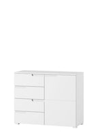 Santino White High Gloss Narrow Sideboard — open storage view