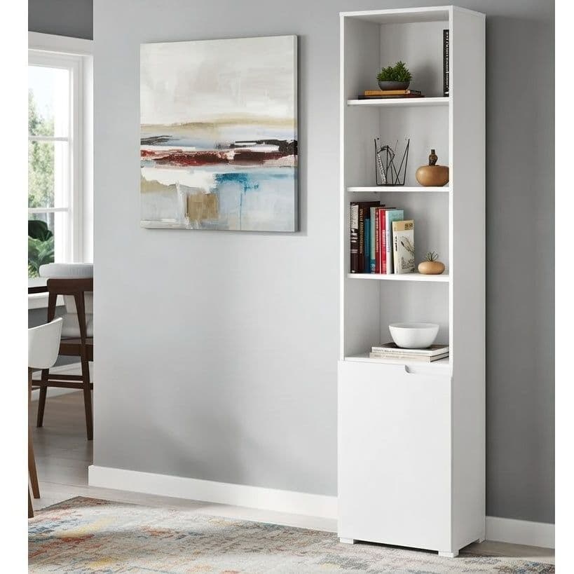 Santino Tall Narrow Bookcase with White Gloss Door — angled product view