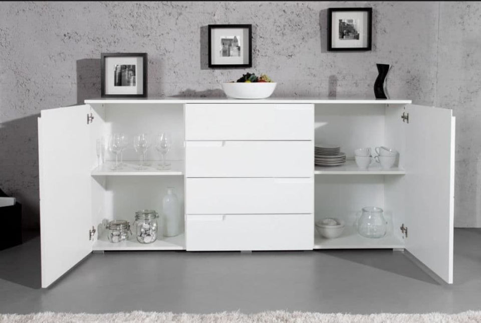 Santino White High Gloss Wide Sideboard — doors open storage view