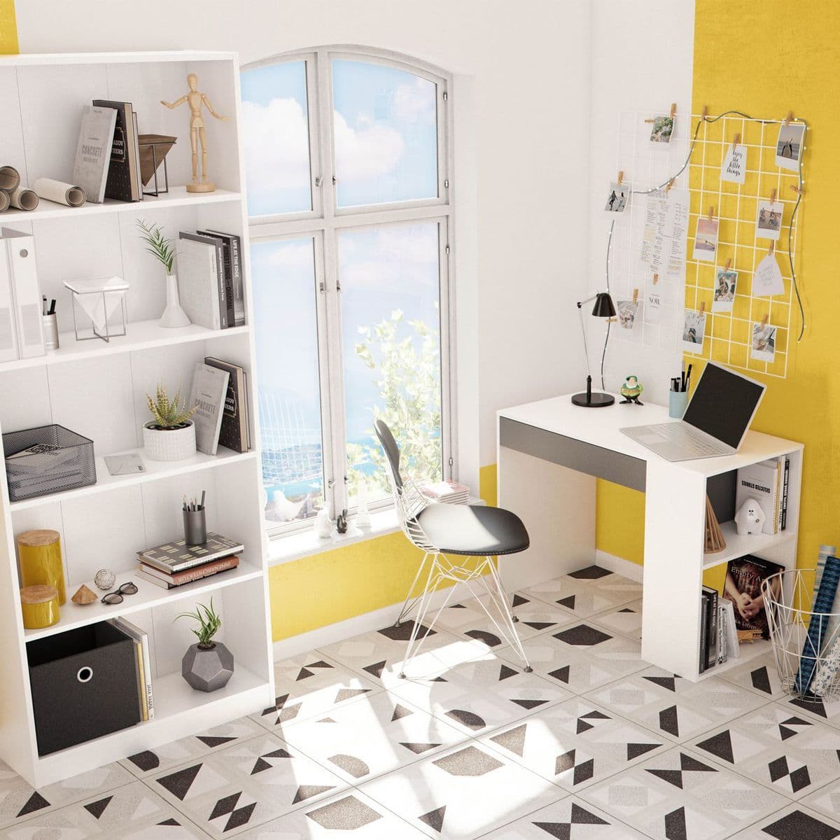 Sesko Grey and White Desk with Drawer and Shelves