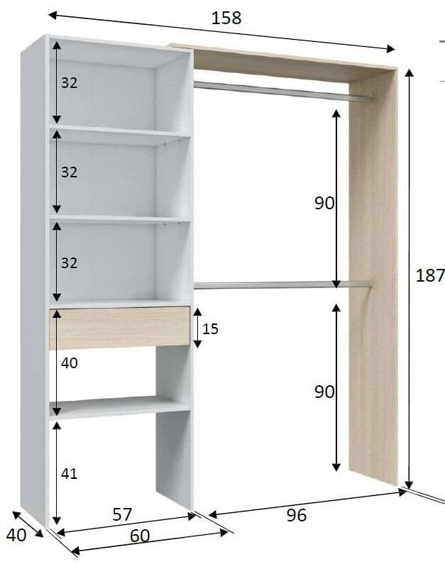 Torres Oak and White Open Door Wardrobe With Shelves And Rail — dimensions