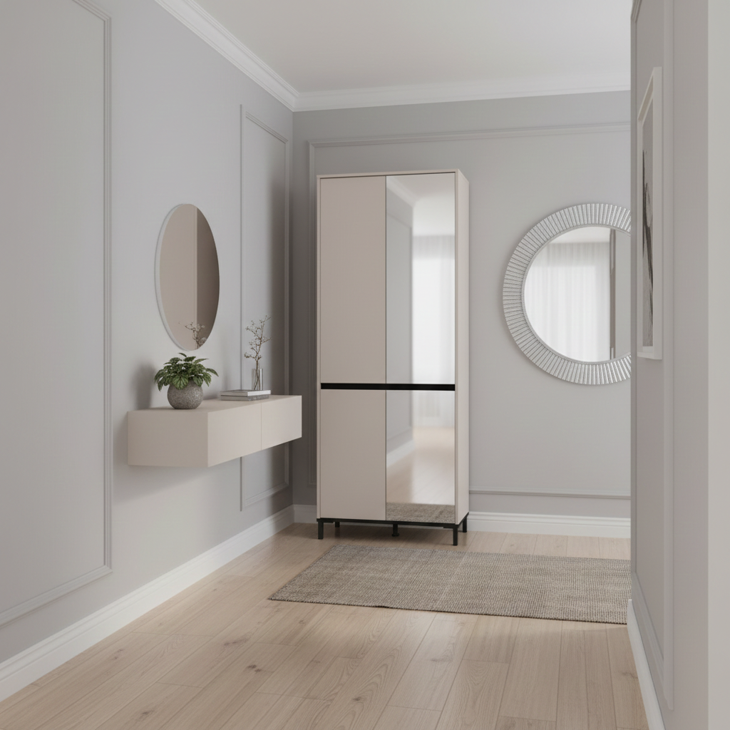 Toshiro Cashmere Taupe Half Mirrored 40 Pair Tall Shoe Cabinet Cupboard — hallway lifestyle view