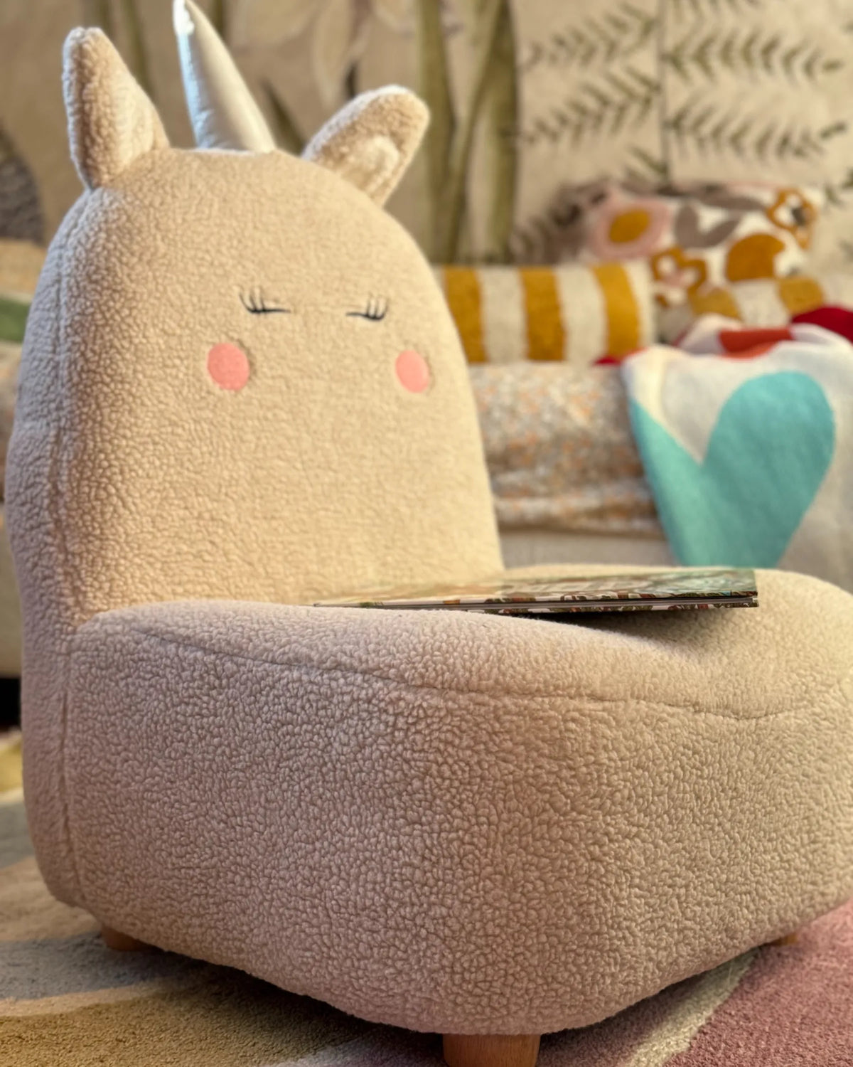 Kids Armchair Unicorn LINO Boucle Light Beige — angled product view