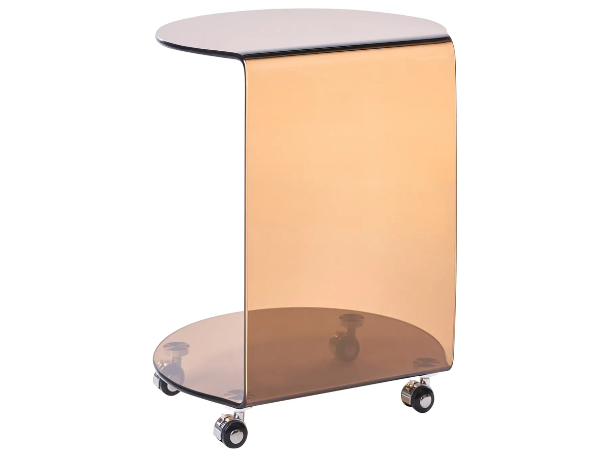 Side Table MONTERA Tempered Glass Brown with Wheels — angled product view