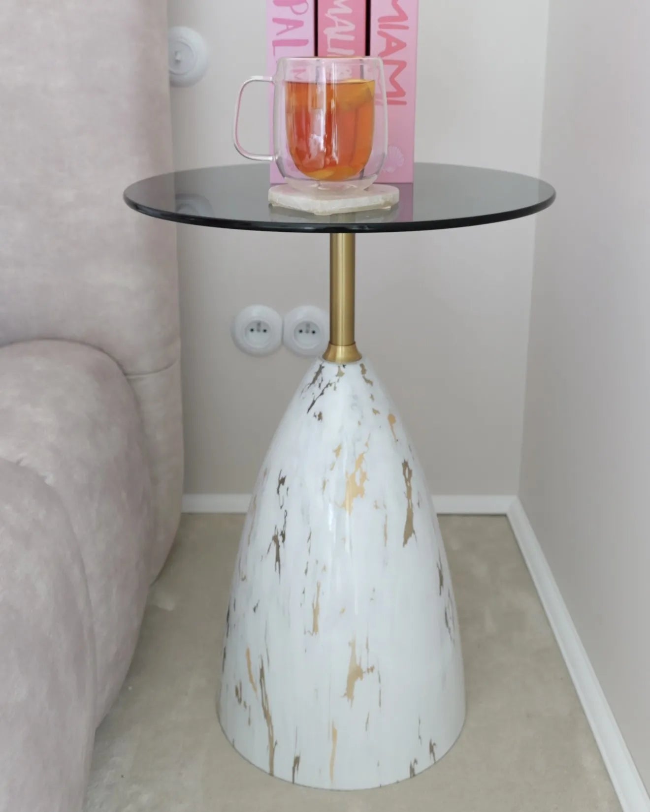 Side Table WABBY Tempered Glass White Marble
