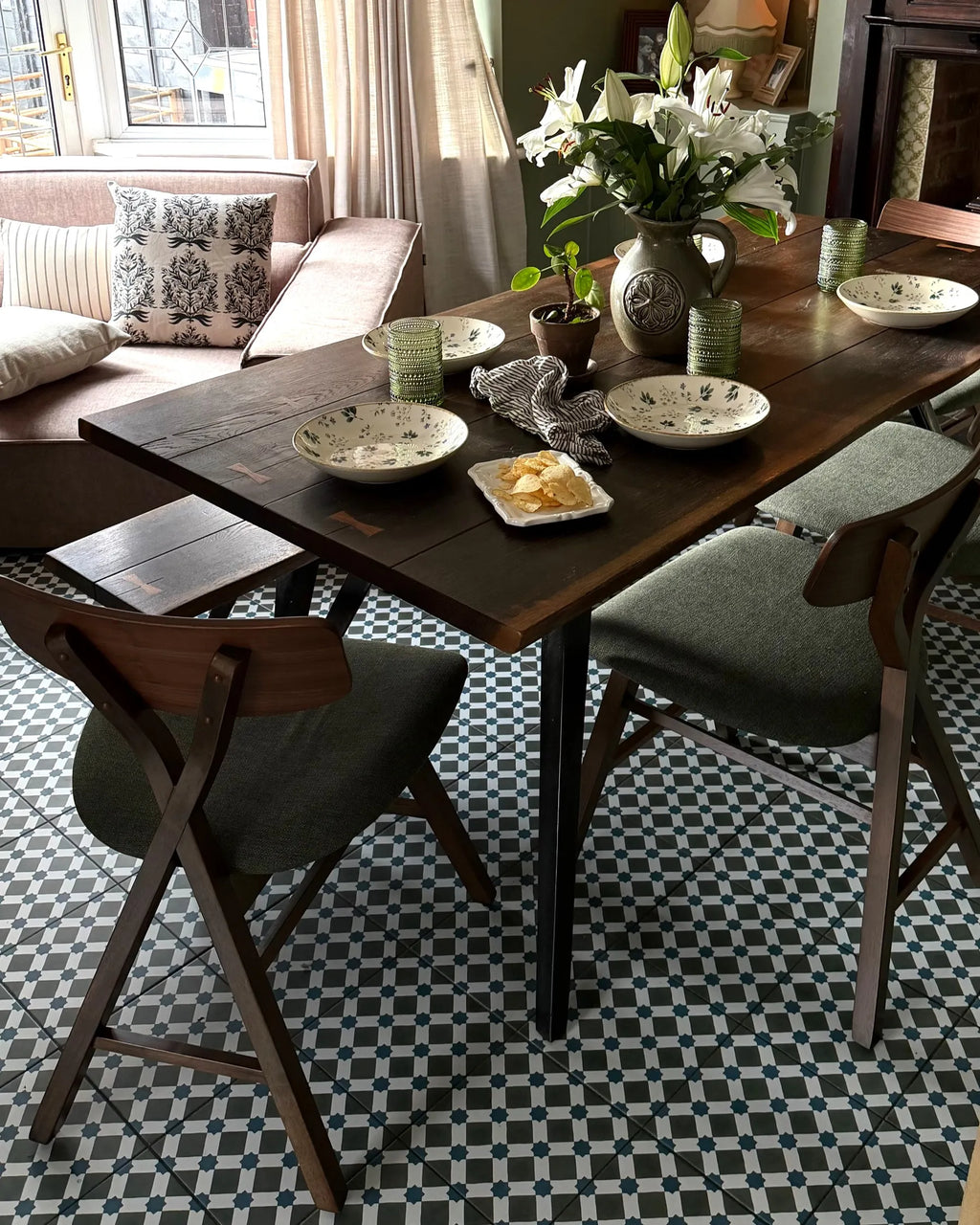 Set of 2 Dining Chairs LELAND Wood Dark Brown/ Green