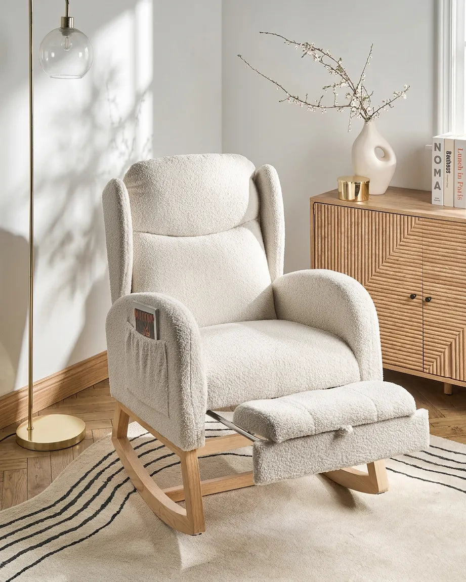 Rocking Chair HASLEV  with Footrest Boucle Off-White