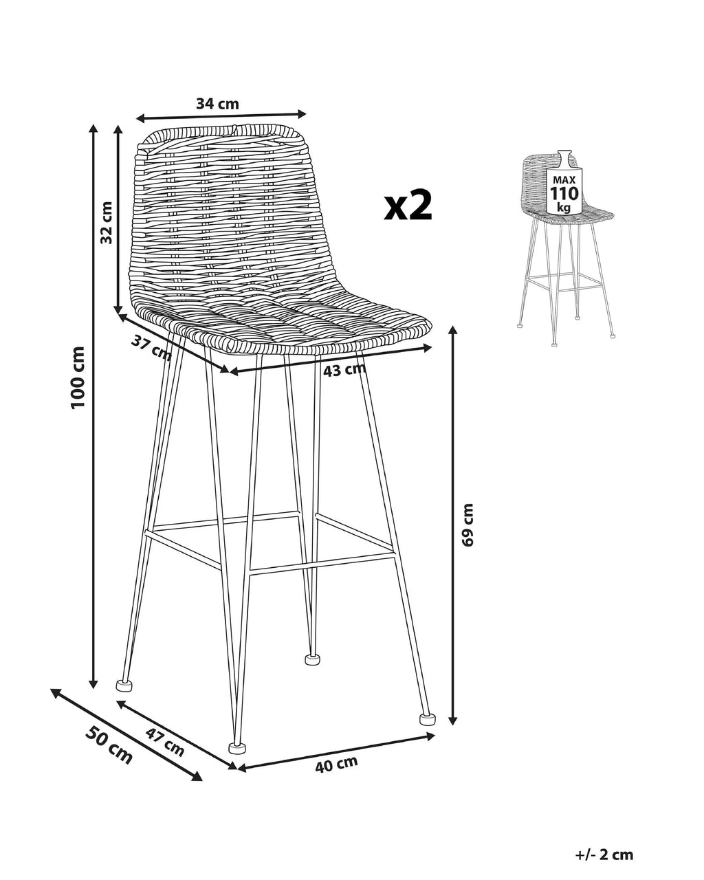 Set of 2 Bar Chairs CASSITA Rattan Natural