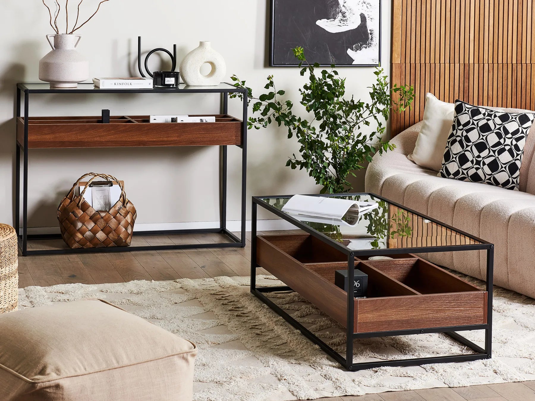 Coffee Table WACO Tempered Glass Black with Storage