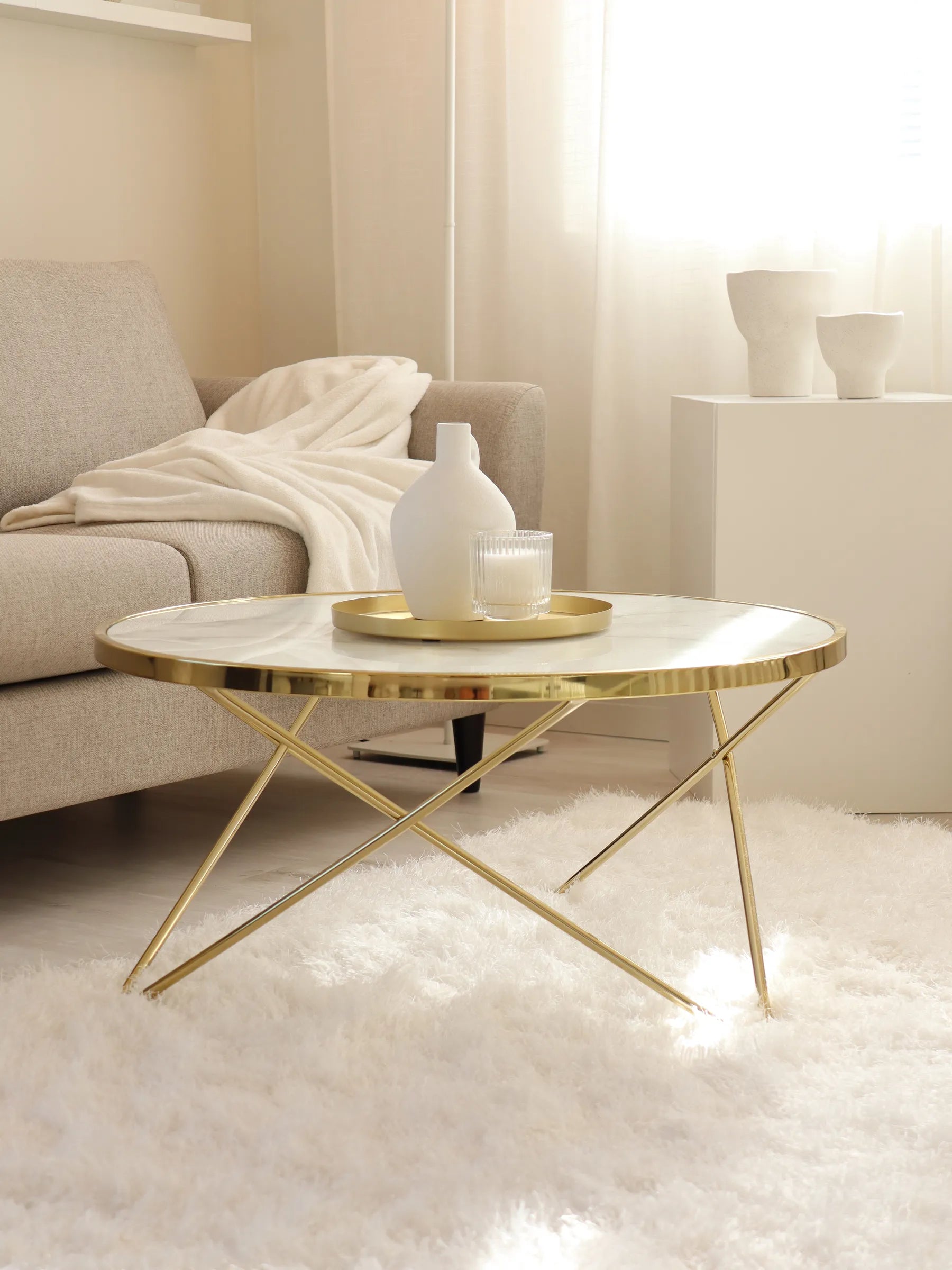 Coffee Table MERIDIAN Tempered Glass Marble/ Gold