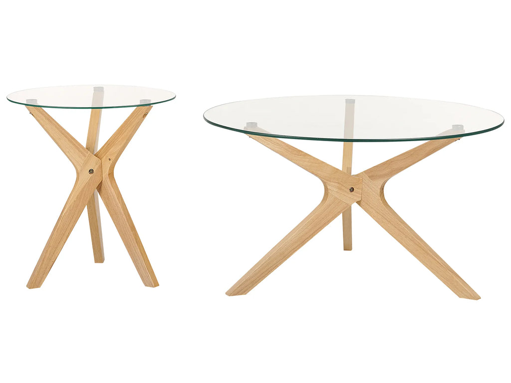 Set of 2 Coffee Tables VALLEY Tempered Glass Light Brown