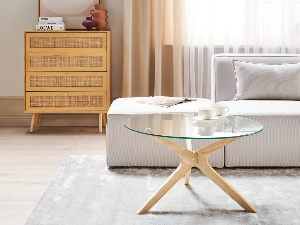 Set of 2 Coffee Tables VALLEY Tempered Glass Light Brown