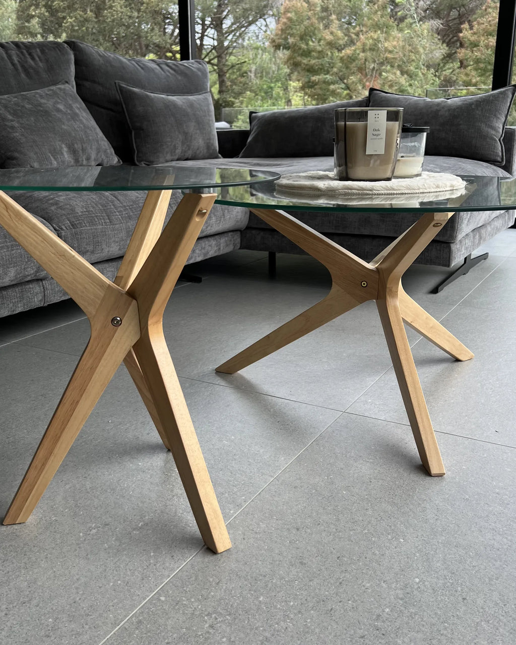 Set of 2 Coffee Tables VALLEY Tempered Glass Light Brown