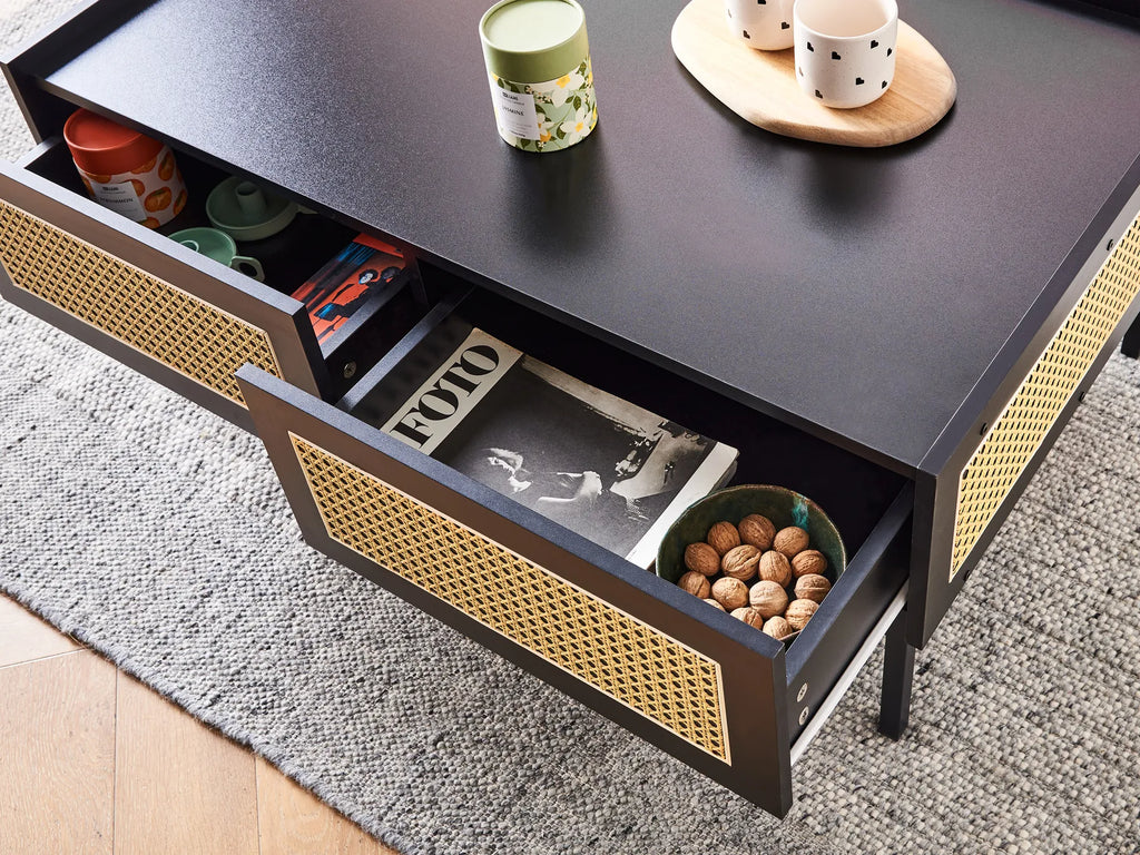 Coffee Table CULLEN Rattan Black with Storage