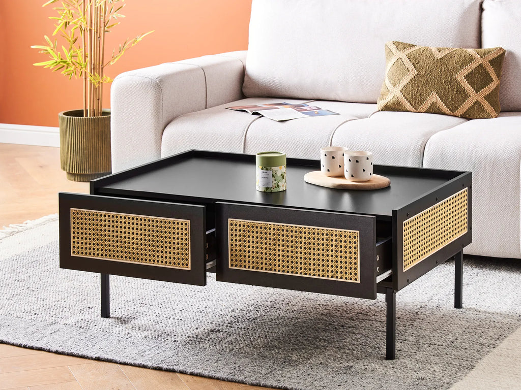 Coffee Table CULLEN Rattan Black with Storage