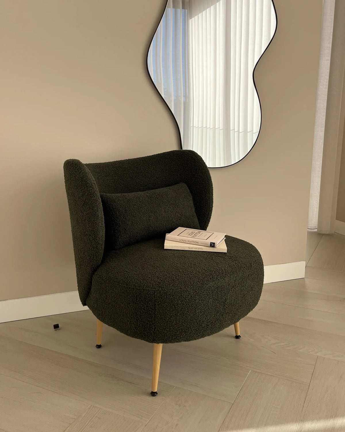 Armchair VARENA with Cushion Boucle Dark Green — angled product view