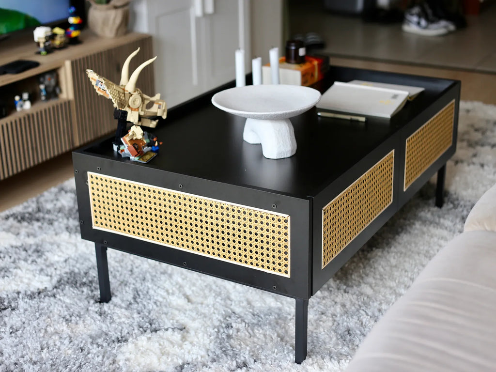 Coffee Table CULLEN Rattan Black with Storage