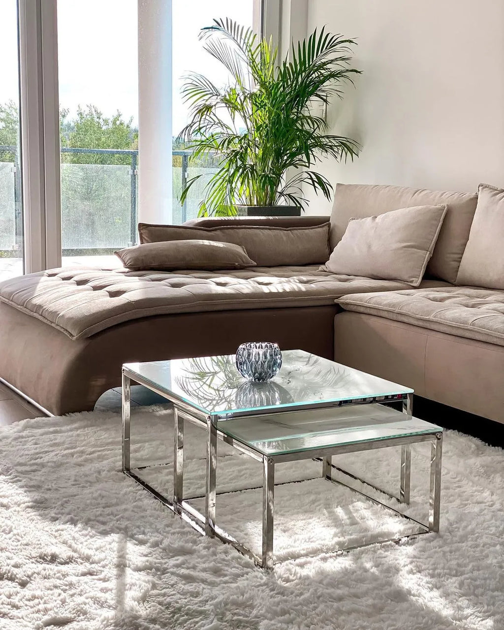 Set of 2 Coffee Tables BREA Tempered Glass White Marble