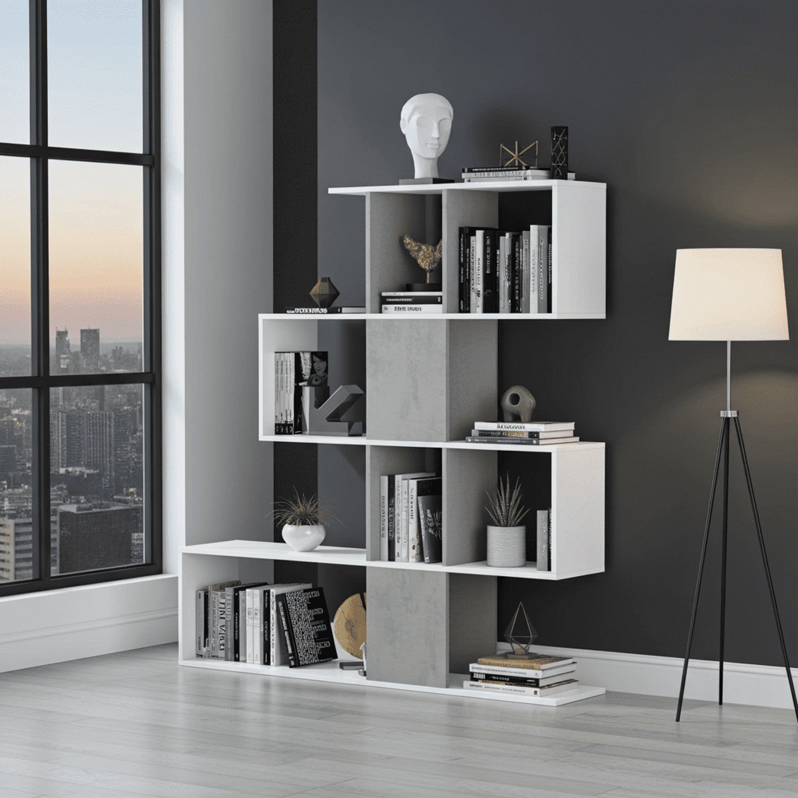 Zaga Arctic White and Concrete Grey Bookcase