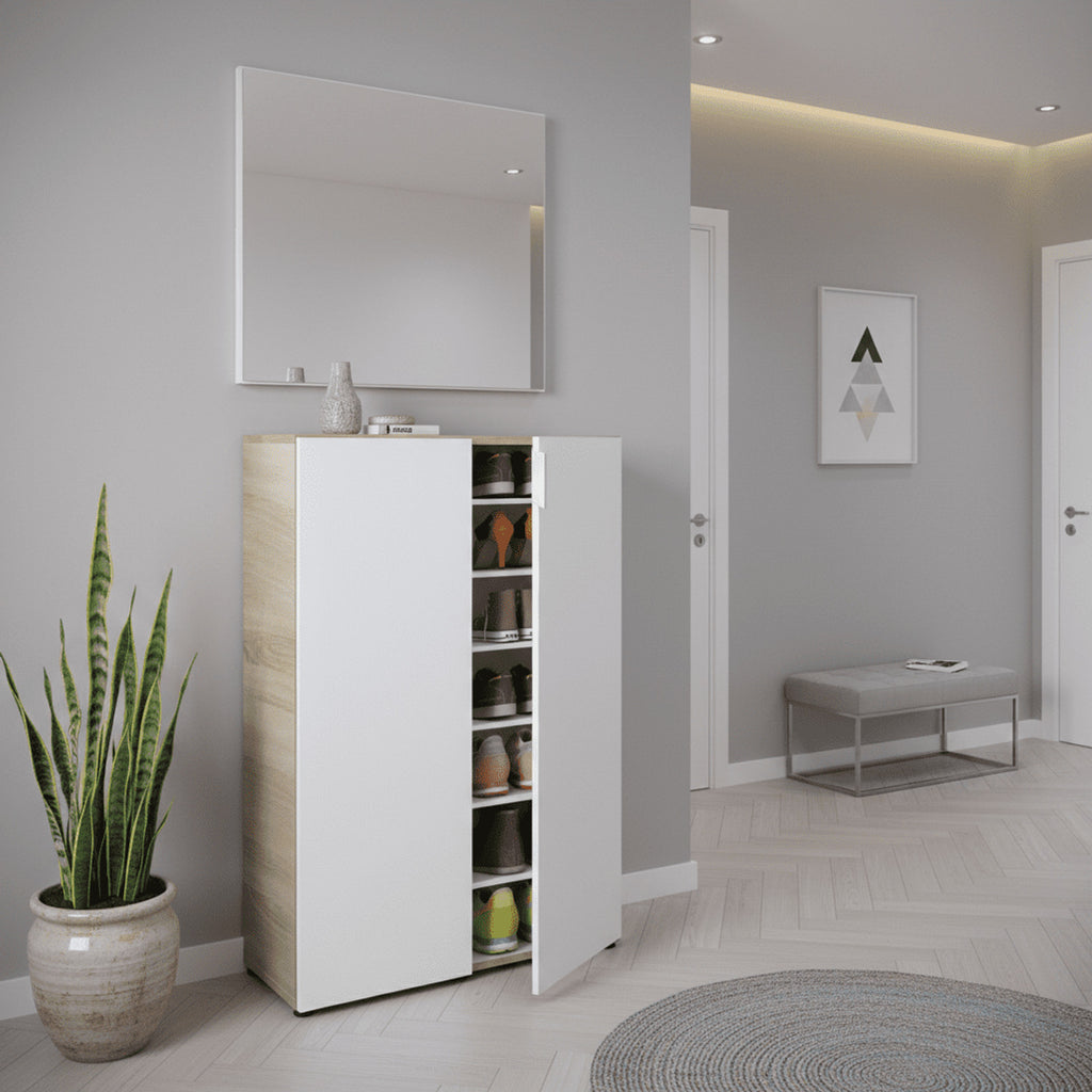 Alvaro White And Oak Effect 30 Pairs Shoe Cupboard Cabinet