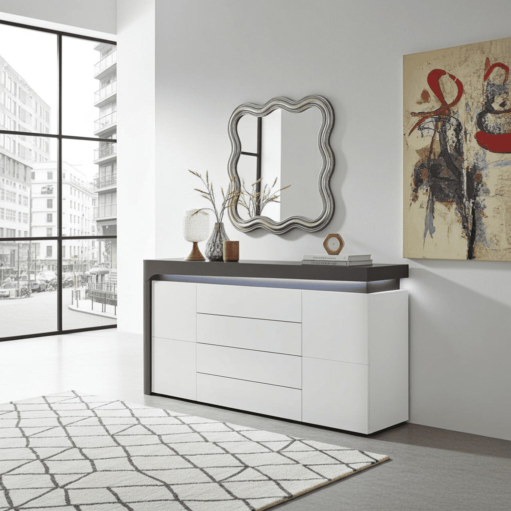 Athens Grey And White Gloss 2 Door / 4 Drawer Sideboard With Lights