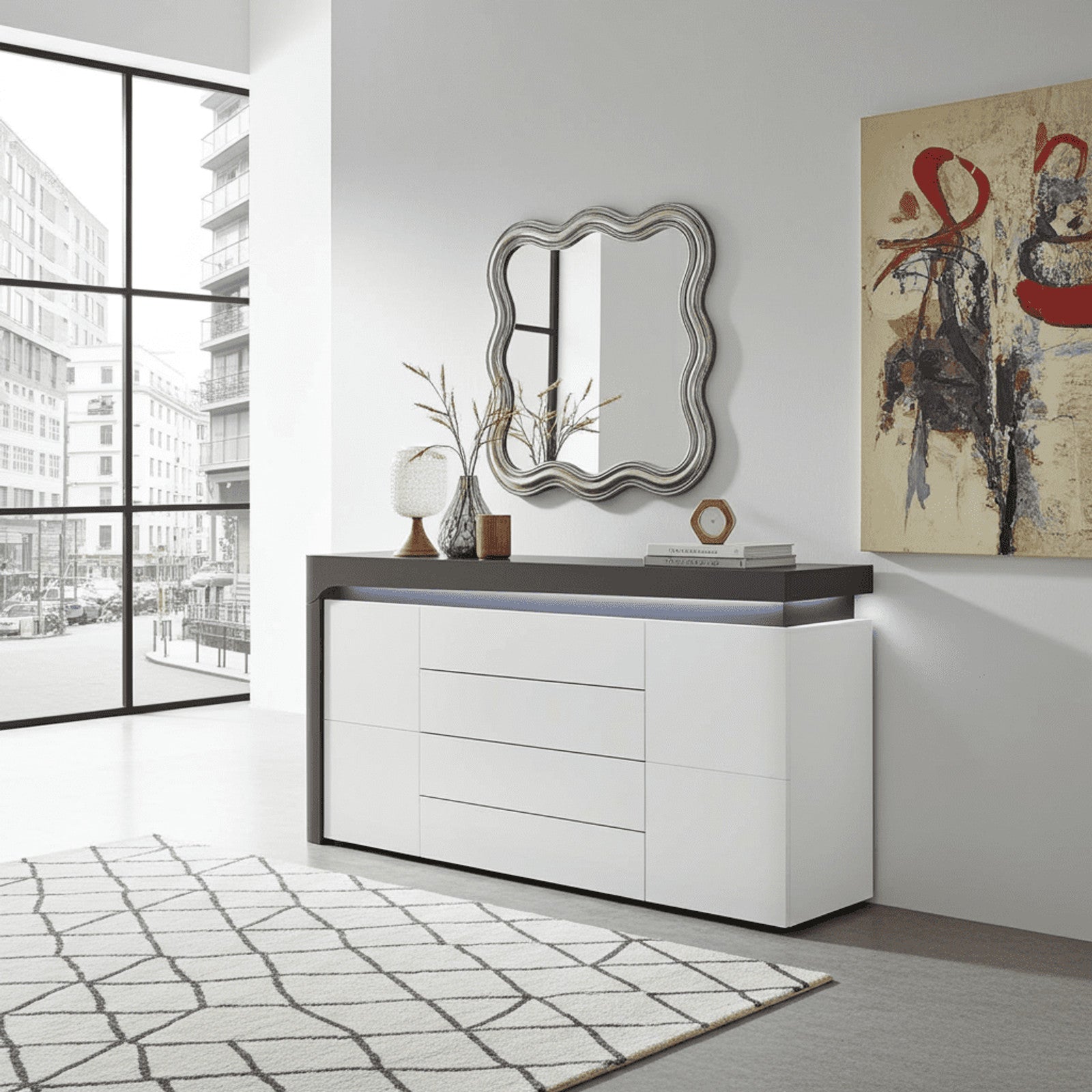 Athens Grey And White Gloss 2 Door / 4 Drawer Sideboard With Lights