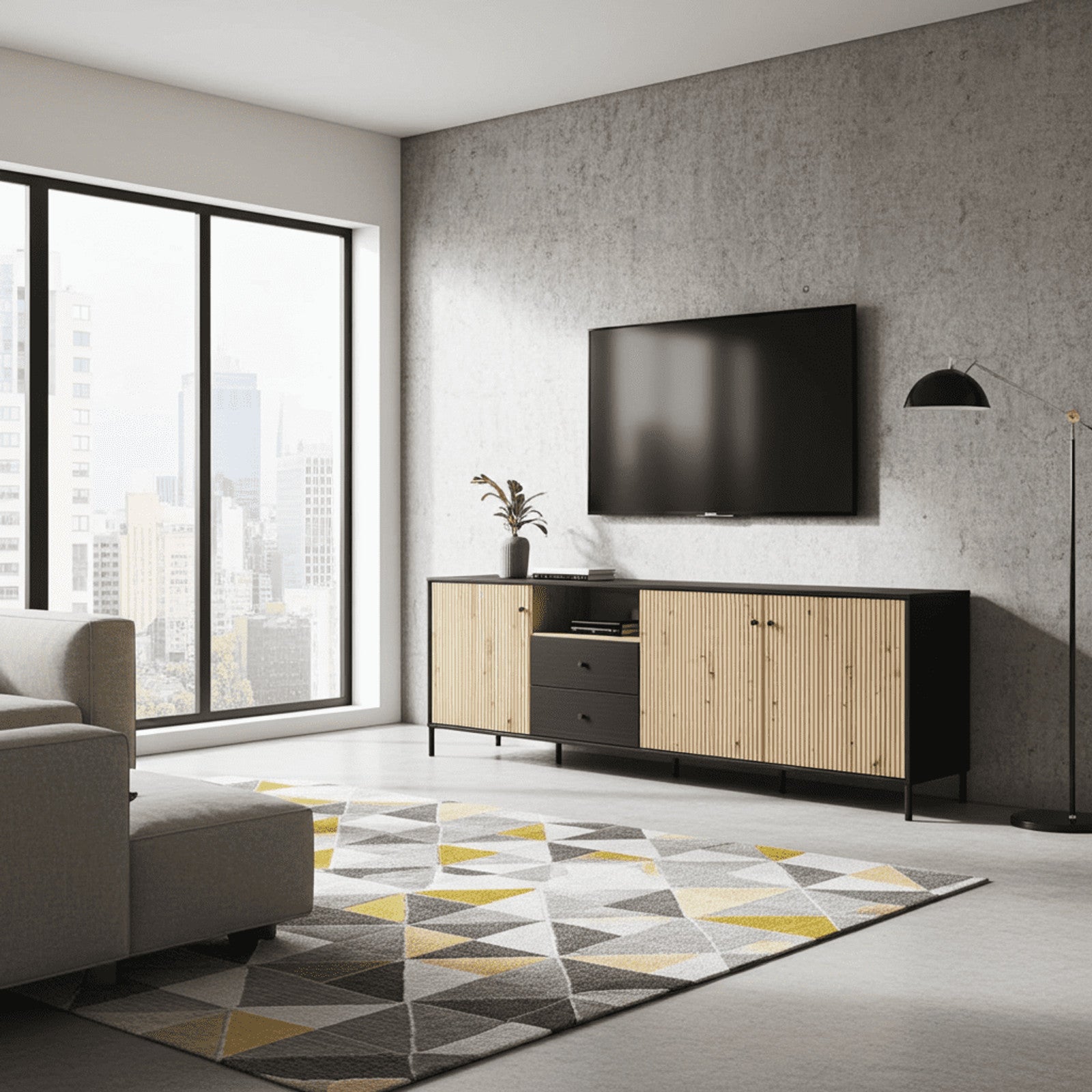 Clifton Slatted Artisan Oak Effect And Black TV Unit