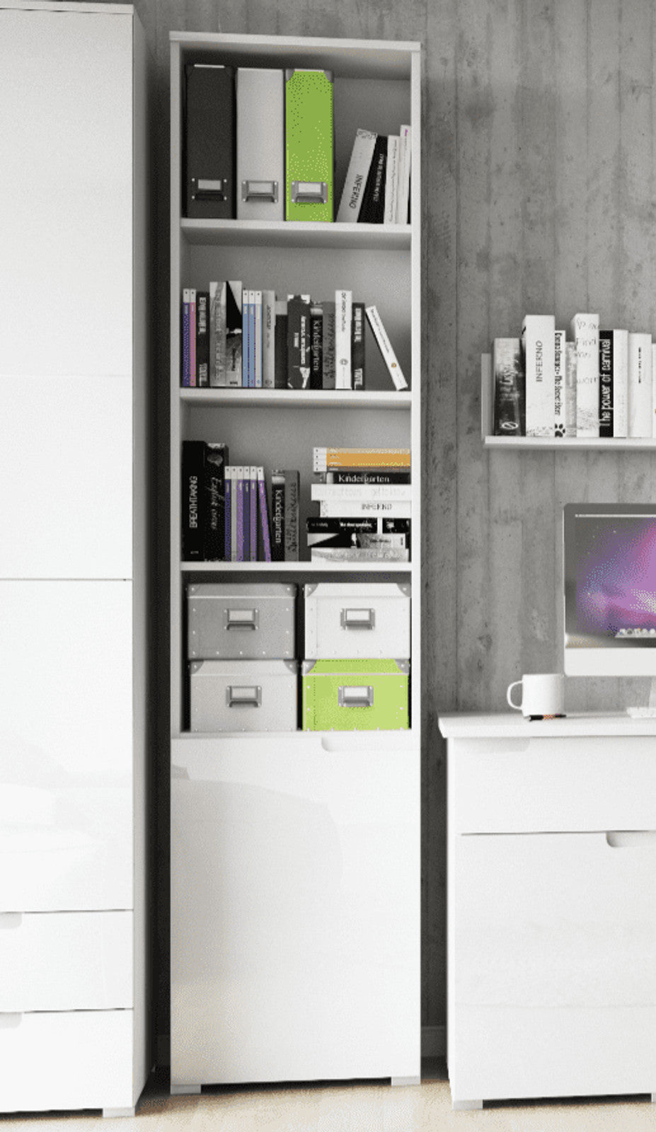 Santino Tall Narrow Bookcase with White Gloss Door — front product view
