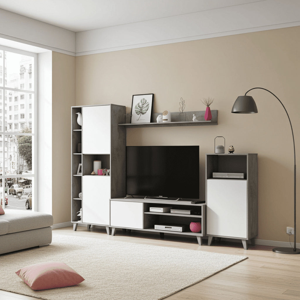 Eriksen White And Concrete Grey Effect Large TV Entertainment Wall Unit Cabinet